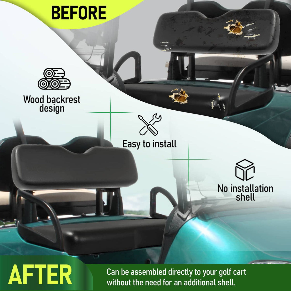 Installed black seat bottom and backrest cushions on golf cart with easy upgrade