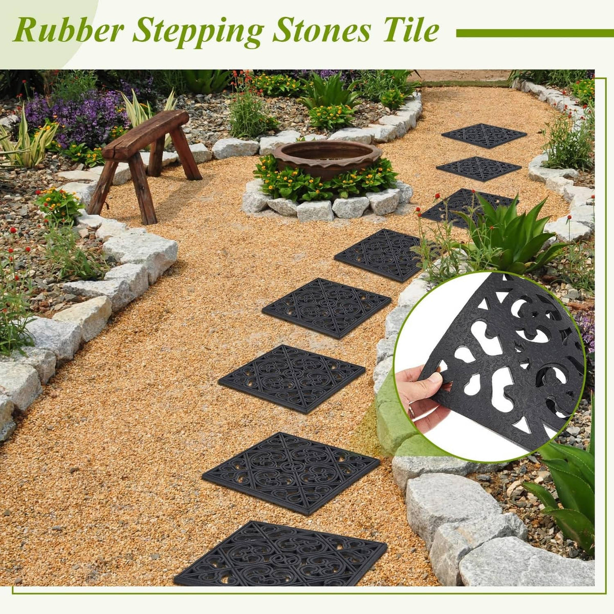 Black square rubber stepping stone tiles with carved swirl pattern for outdoor walkway