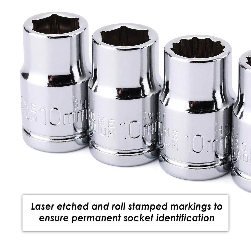 Chrome impact sockets close-up with laser-etched identification markings, shiny finish