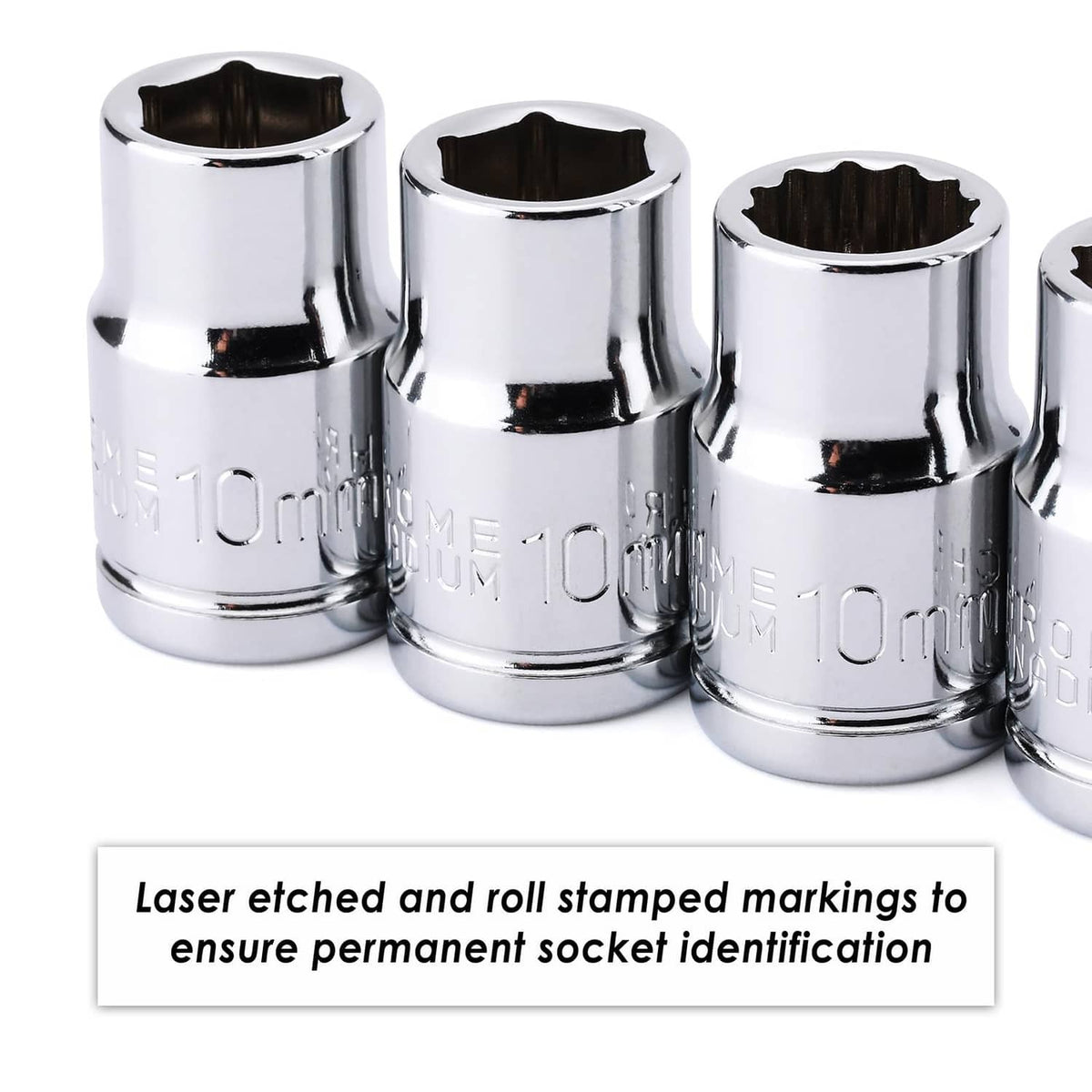 Chrome impact sockets close-up with laser-etched identification markings, shiny finish