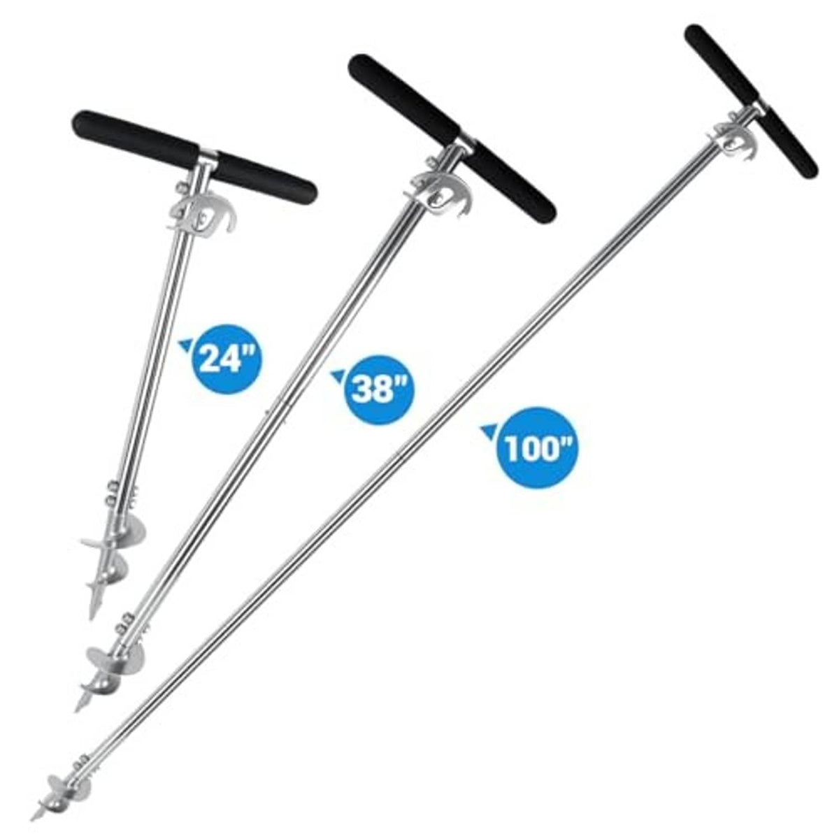 Boat anchor poles set with black T-handles, lengths 24in, 38in, 100in