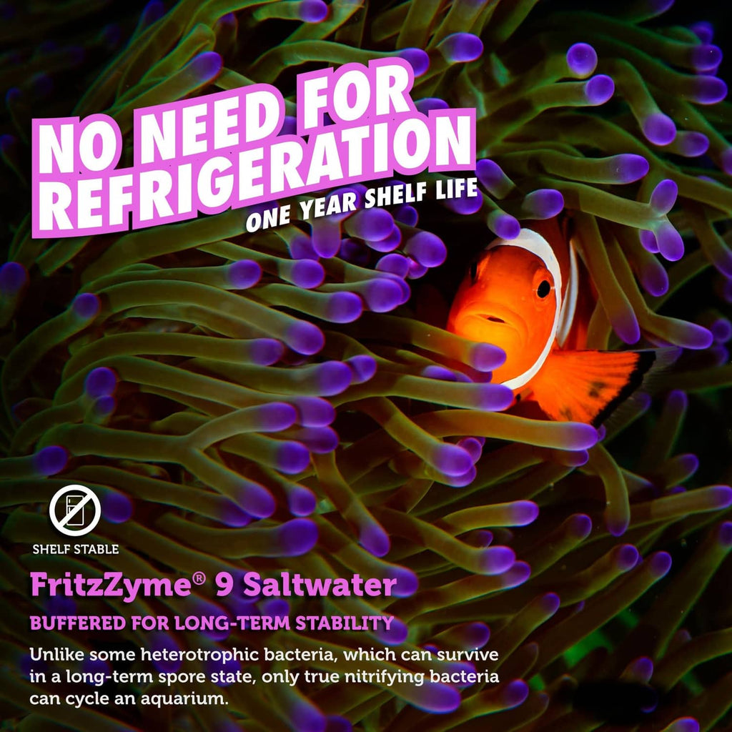 Live nitrifying bacteria bottle for saltwater, FritzZyme 9, one-year shelf life.