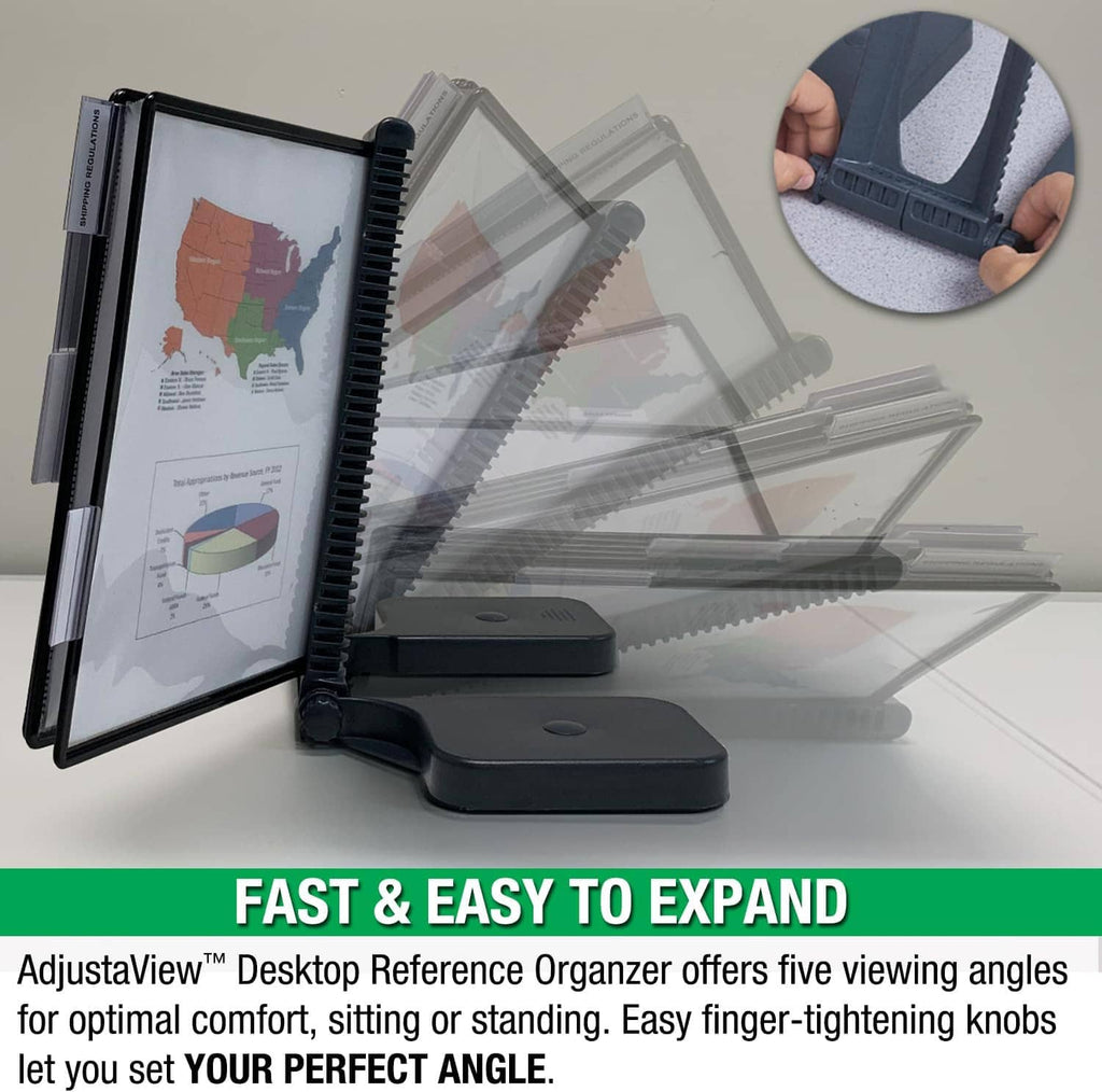 Adjustaview desk reference organizer with multiple clear sleeves and a weighted base, black