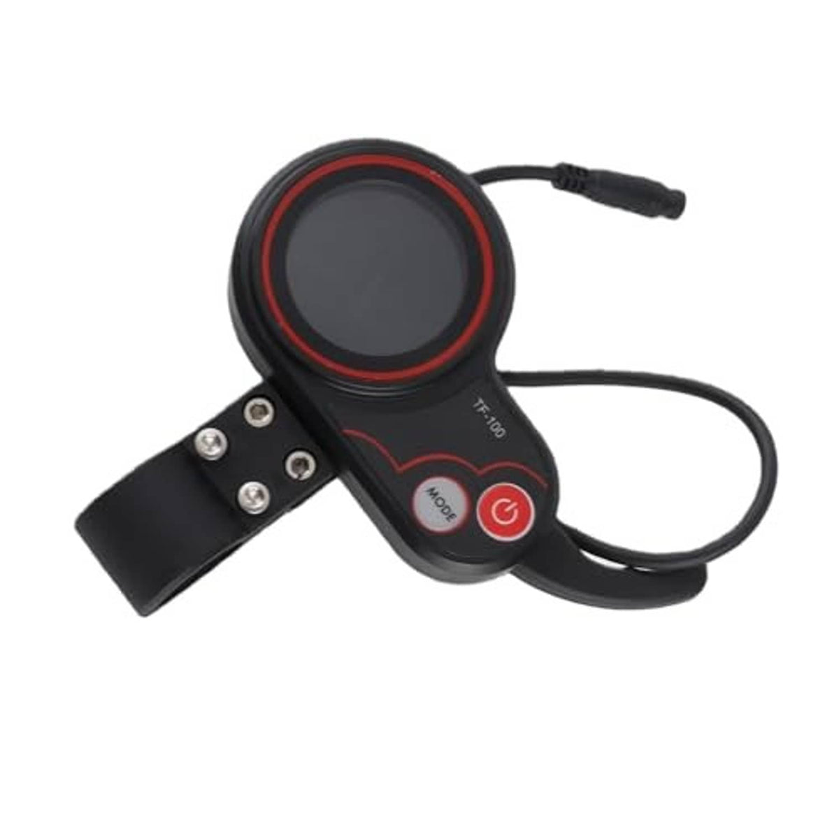 Electric scooter thumb throttle with round display, mode and power icons, and control wire