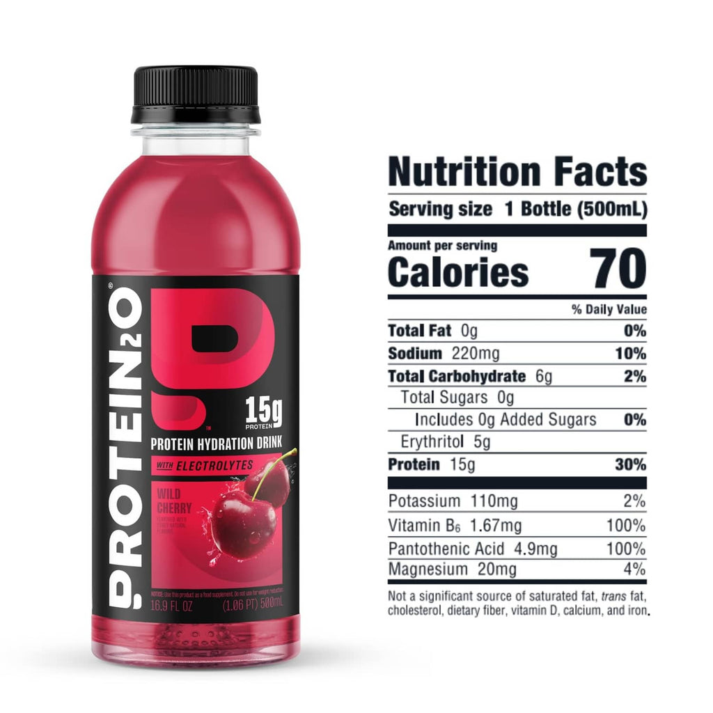 Protein hydration drink bottle with Nutrition Facts panel, wild cherry flavor, 500 ml