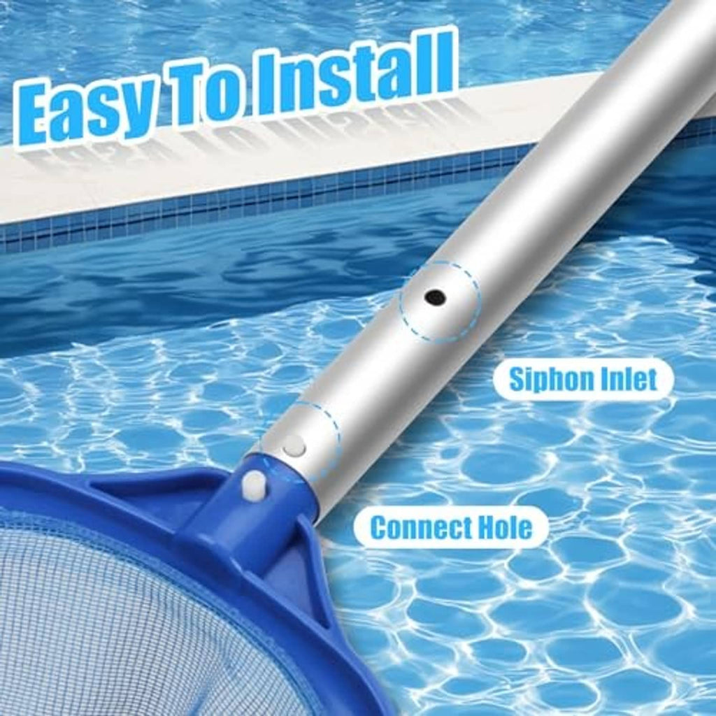 Pool pole close-up showing aluminum tube, blue connector, and inlet holes