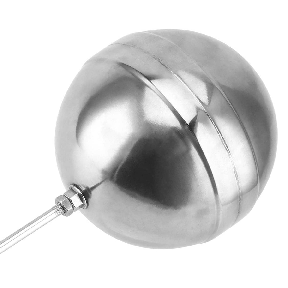 Stainless steel float ball valve, close-up of metal float and mounting clip