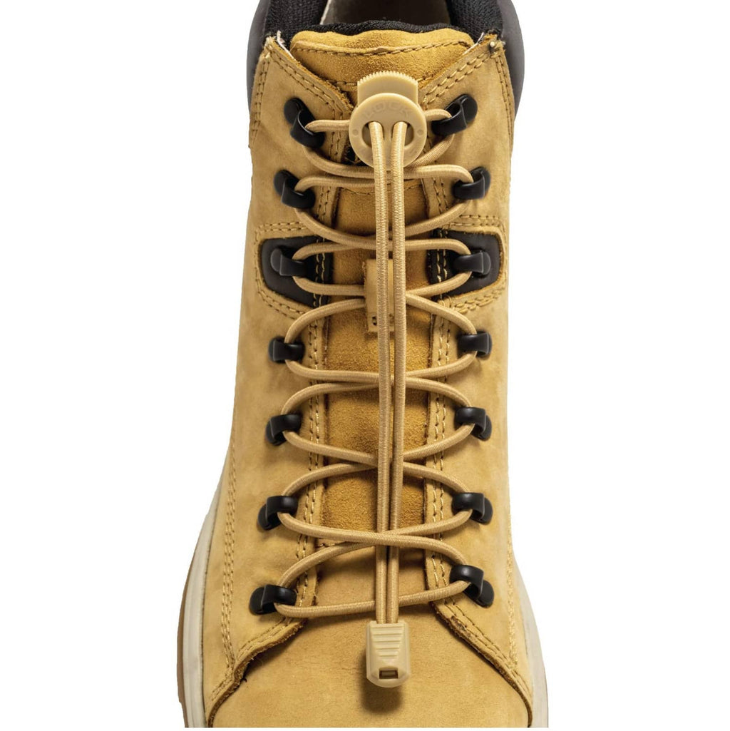 Boot with tan elastic no-tie laces and center lock toggle on upper