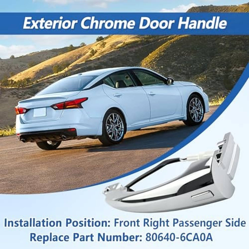 Exterior chrome door handle for front right passenger side, shown on car door