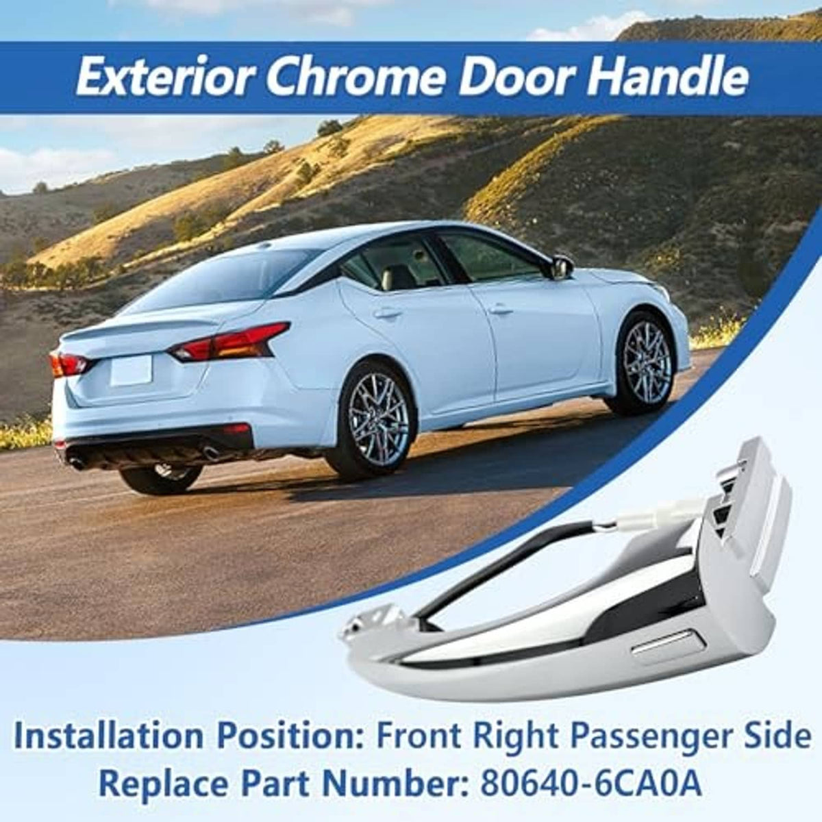Exterior chrome door handle for front right passenger side, shown on car door