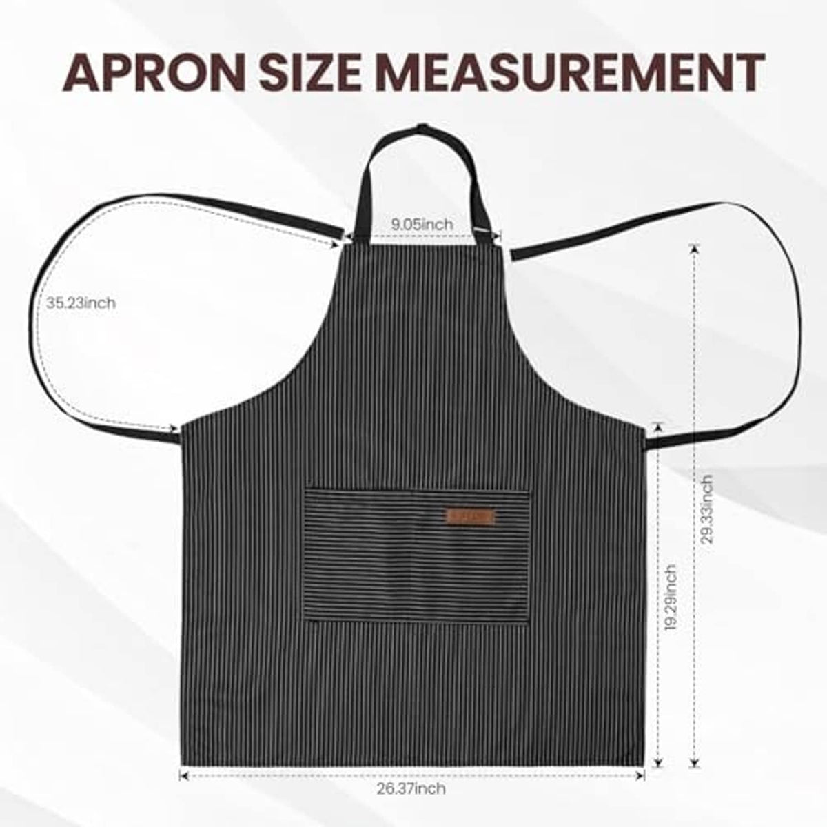 Black pinstripe bib apron laid out flat with chest pocket and adjustable neck strap