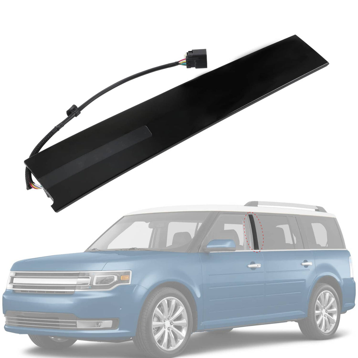 Left driver-side door entry keypad pillar molding trim, black panel with wiring harness