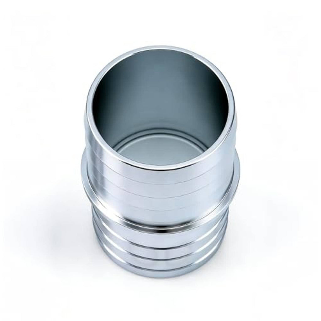 Aluminum hose barb splice coupler with dark inner bore and smooth outer rim