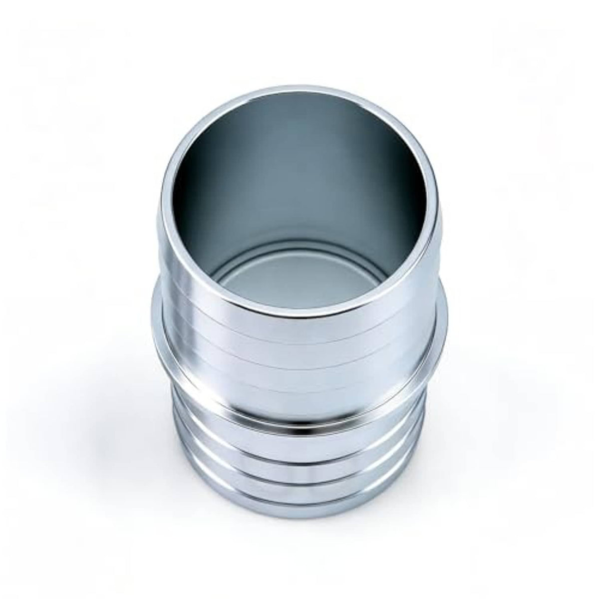Aluminum hose barb splice coupler with dark inner bore and smooth outer rim