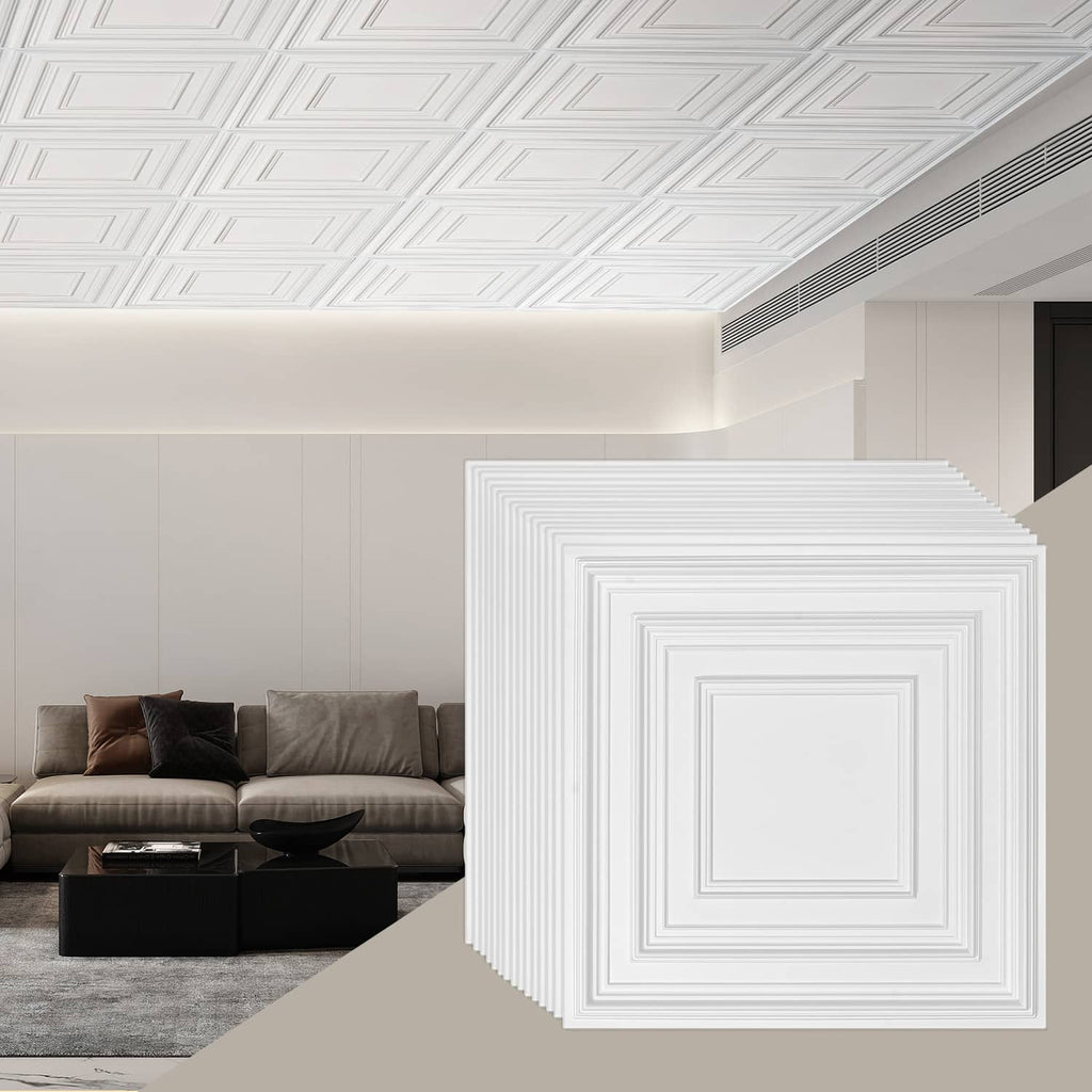 White PVC ceiling tiles with peg pattern, 24 x 24 in square panels