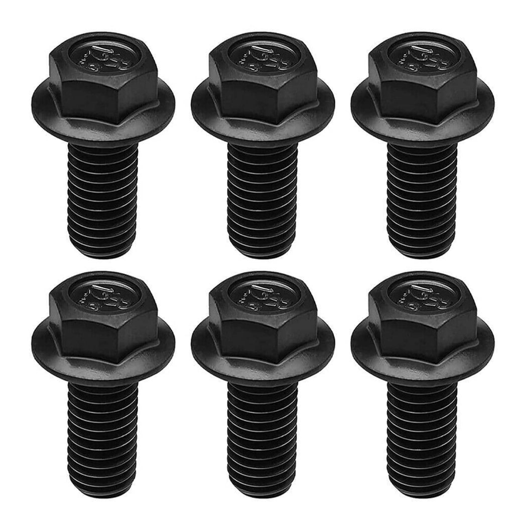 Six black hex-head flexplate bolts with stamped center markings