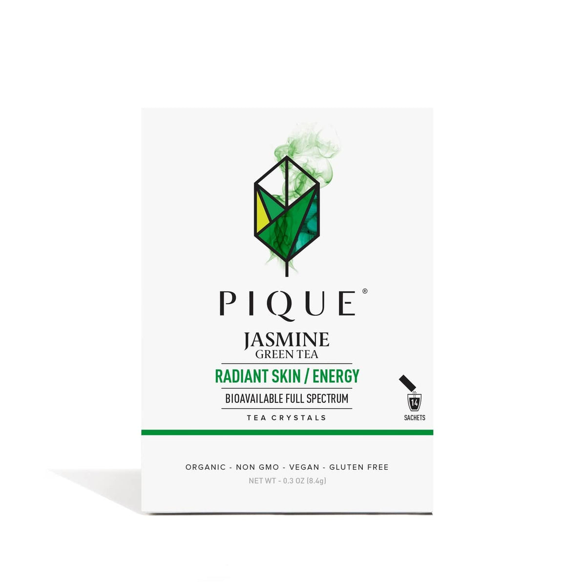 Jasmine green tea crystals box with front label and green logo