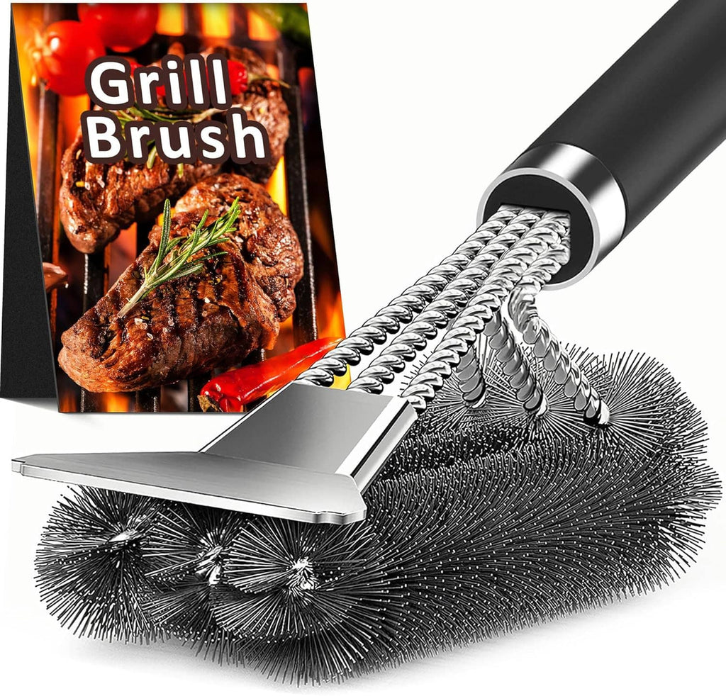 BBQ grill brush with black handle, metal wire bristles, and wide scraper plate