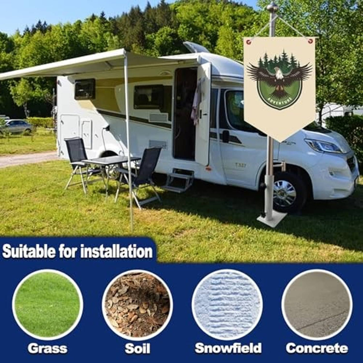 White flagpole tire mount bracket with vertical post beside RV trailer tire