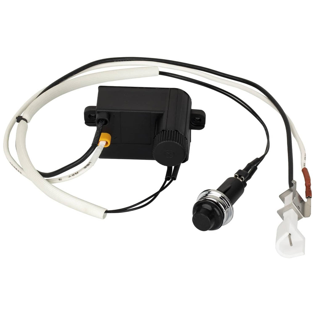 Grill igniter kit with black module, spark button, white wire harness, and electrode lead