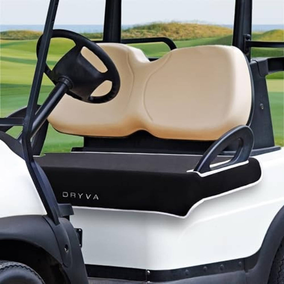 Waterproof golf cart seat cover, beige top cushion with black backing and handle cutouts
