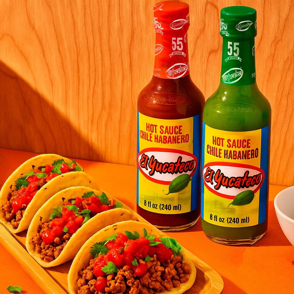 El Yucateco chile habanero hot sauce bottles, red and green, 8 fl oz each