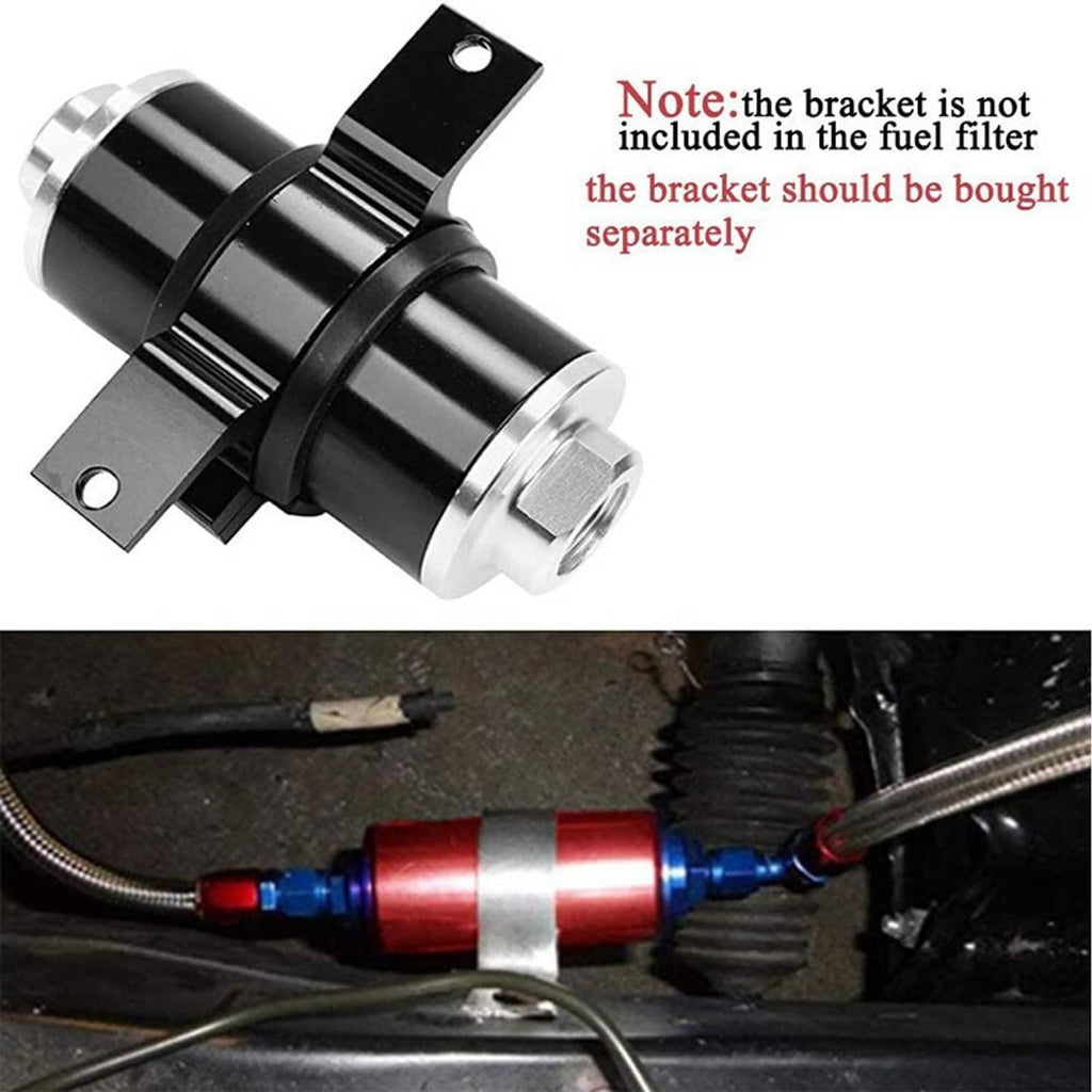 Inline fuel filter with mounting bracket and threaded AN-style inlet/outlet connection.