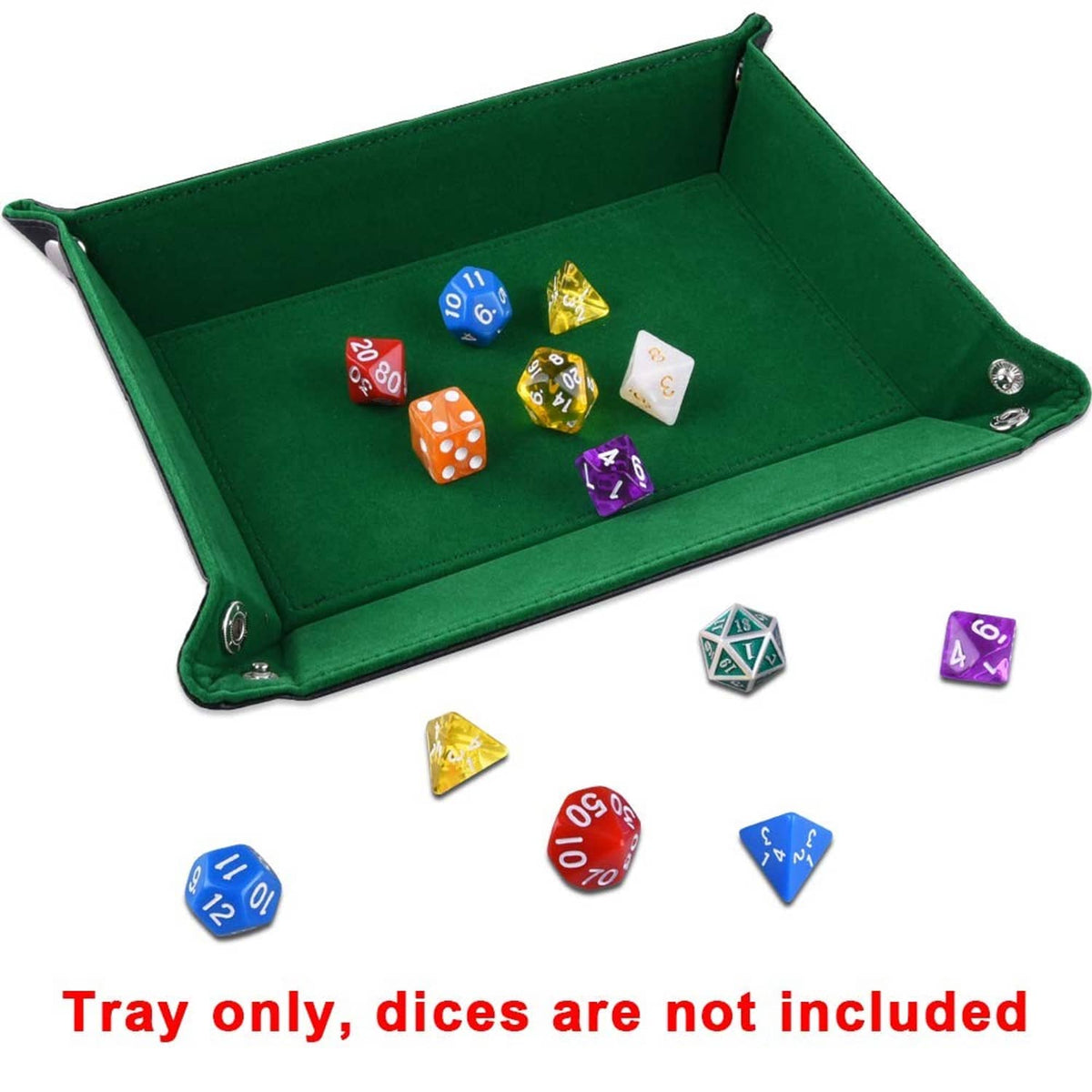 Green double-sided dice tray with stitched sides and metal snap fasteners
