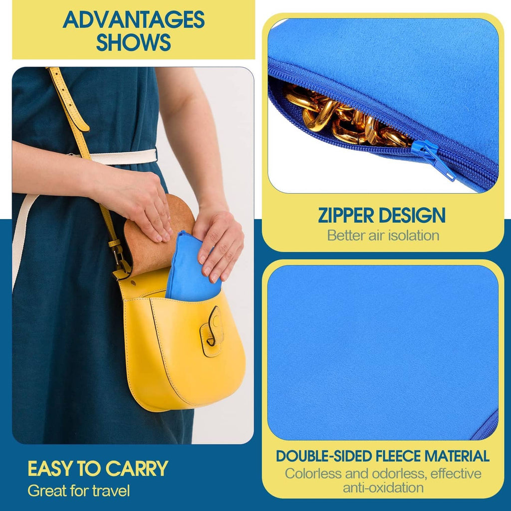 Blue zipper jewelry pouch with metal zipper and folded fleece edge detail