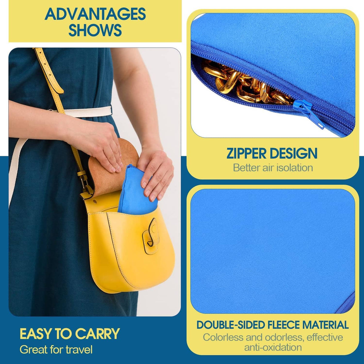 Blue zipper jewelry pouch with metal zipper and folded fleece edge detail