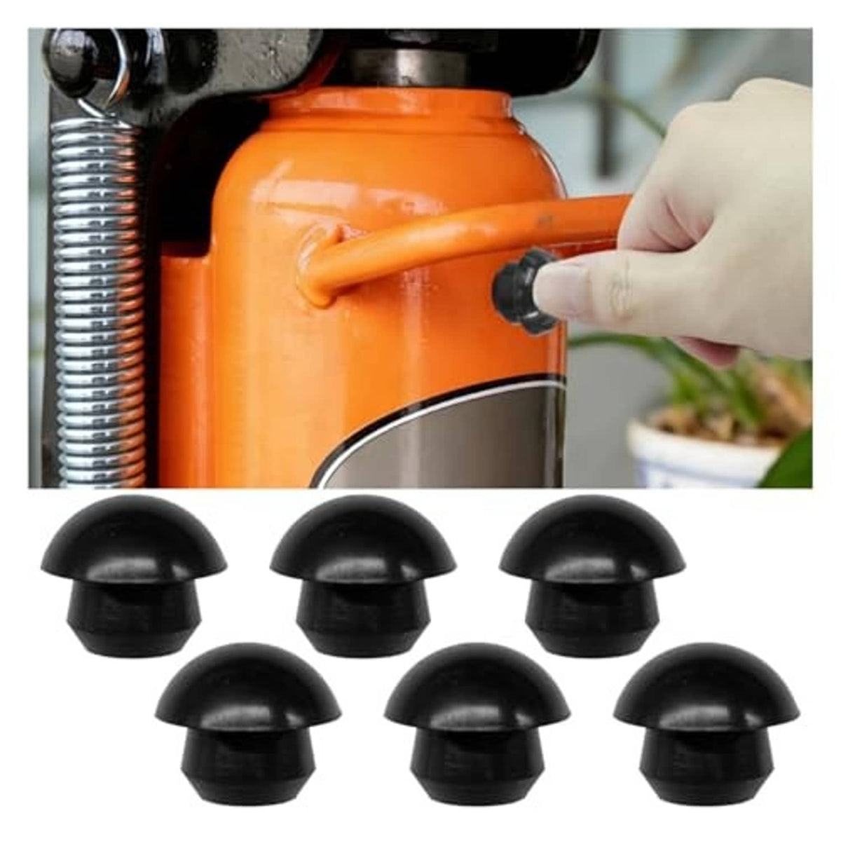 Six black rubber oil filler caps with dome tops and short stems