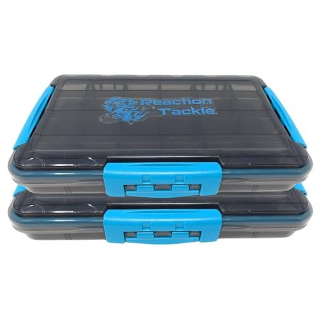 Water-resistant tackle box set with smoked clear lid and two blue latch closures