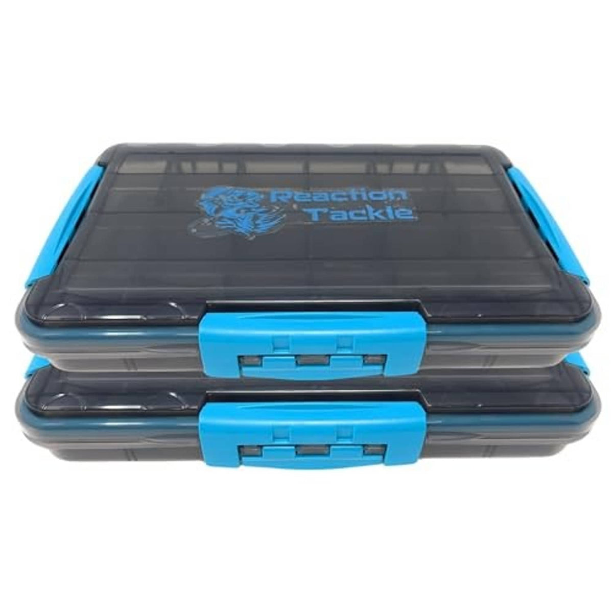 Water-resistant tackle box set with smoked clear lid and two blue latch closures
