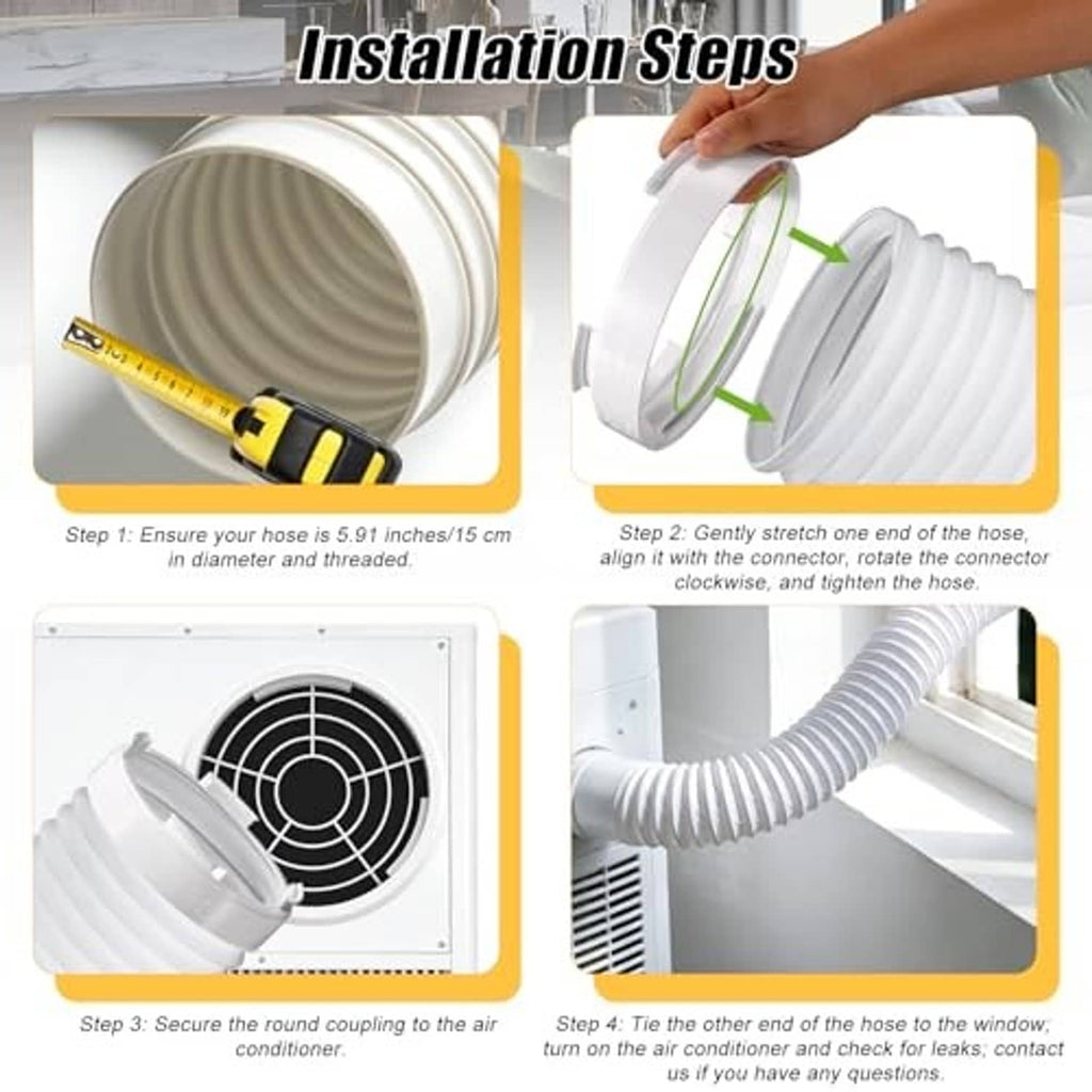 White plastic AC exhaust hose coupler showing installation steps with ribbed hose