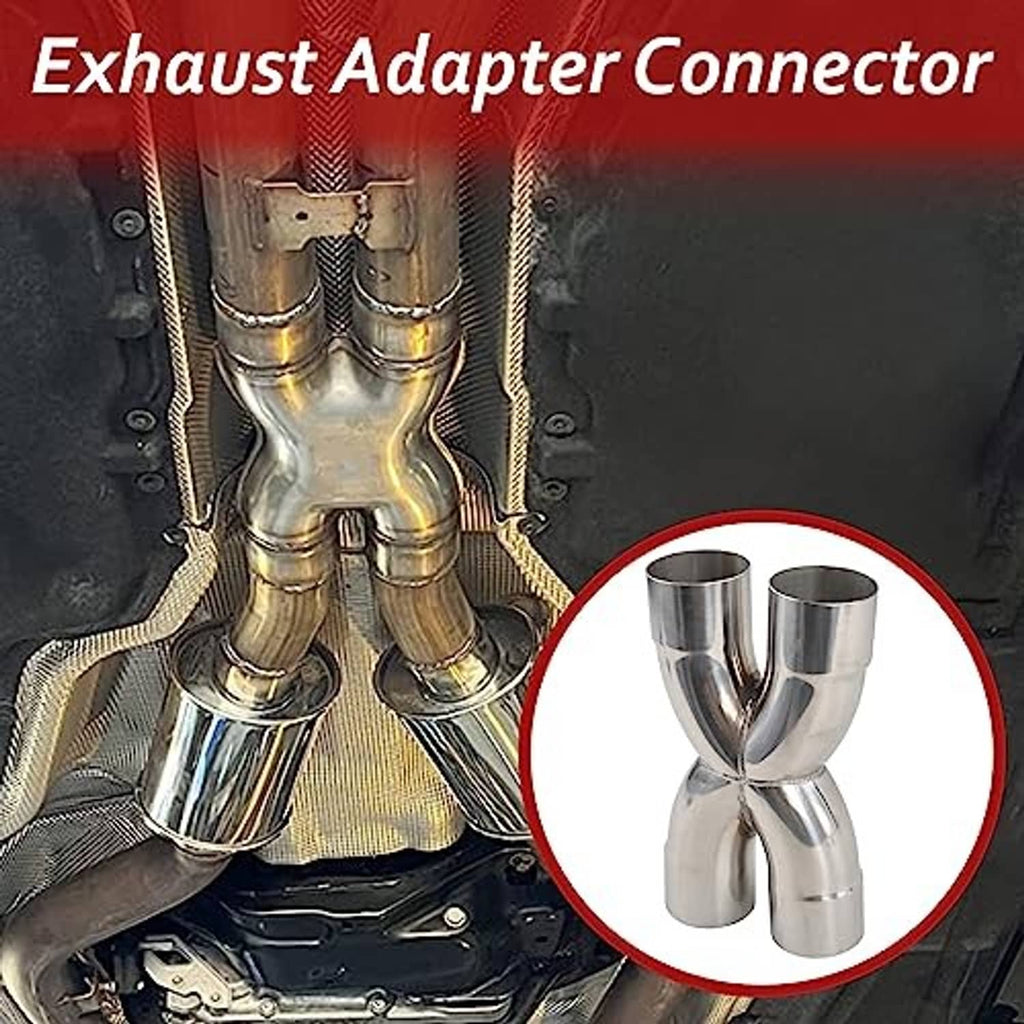 Polished stainless steel exhaust adapter connector with Y-branch crossover pipe