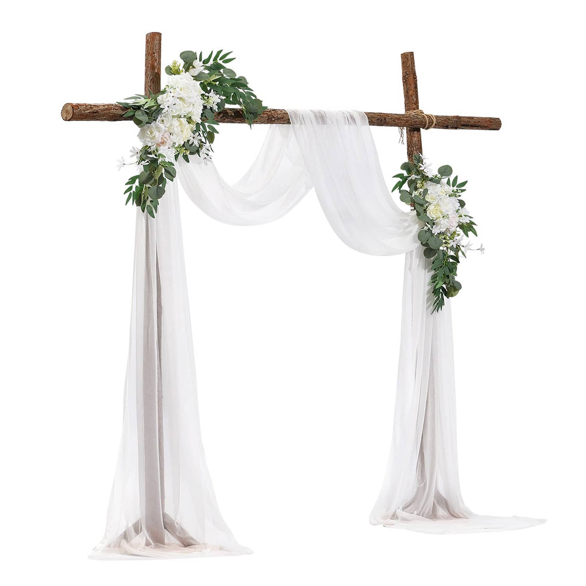 Artificial wedding arch flower kit with white drapes and faux greenery blooms on wooden frame