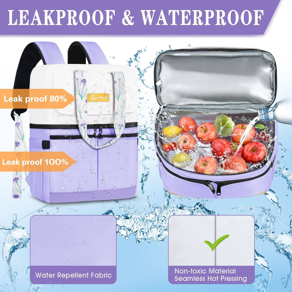 Light purple insulated backpack cooler with zip top and open interior holding food