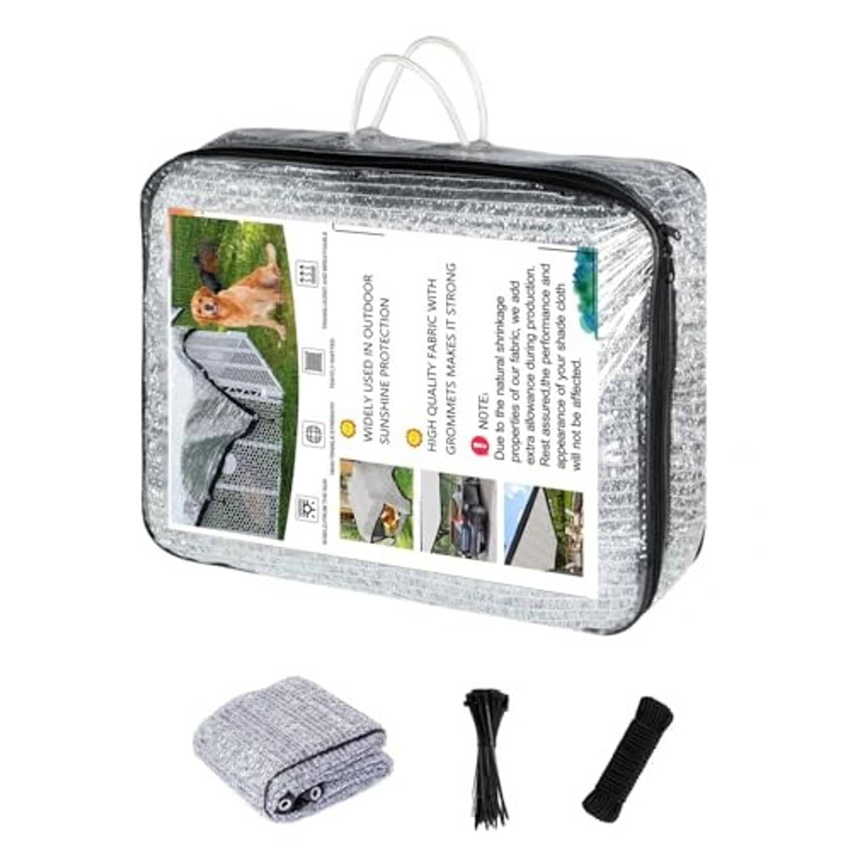 Reflective aluminum shade cloth kit bag with rolled sheet and black attachment pieces
