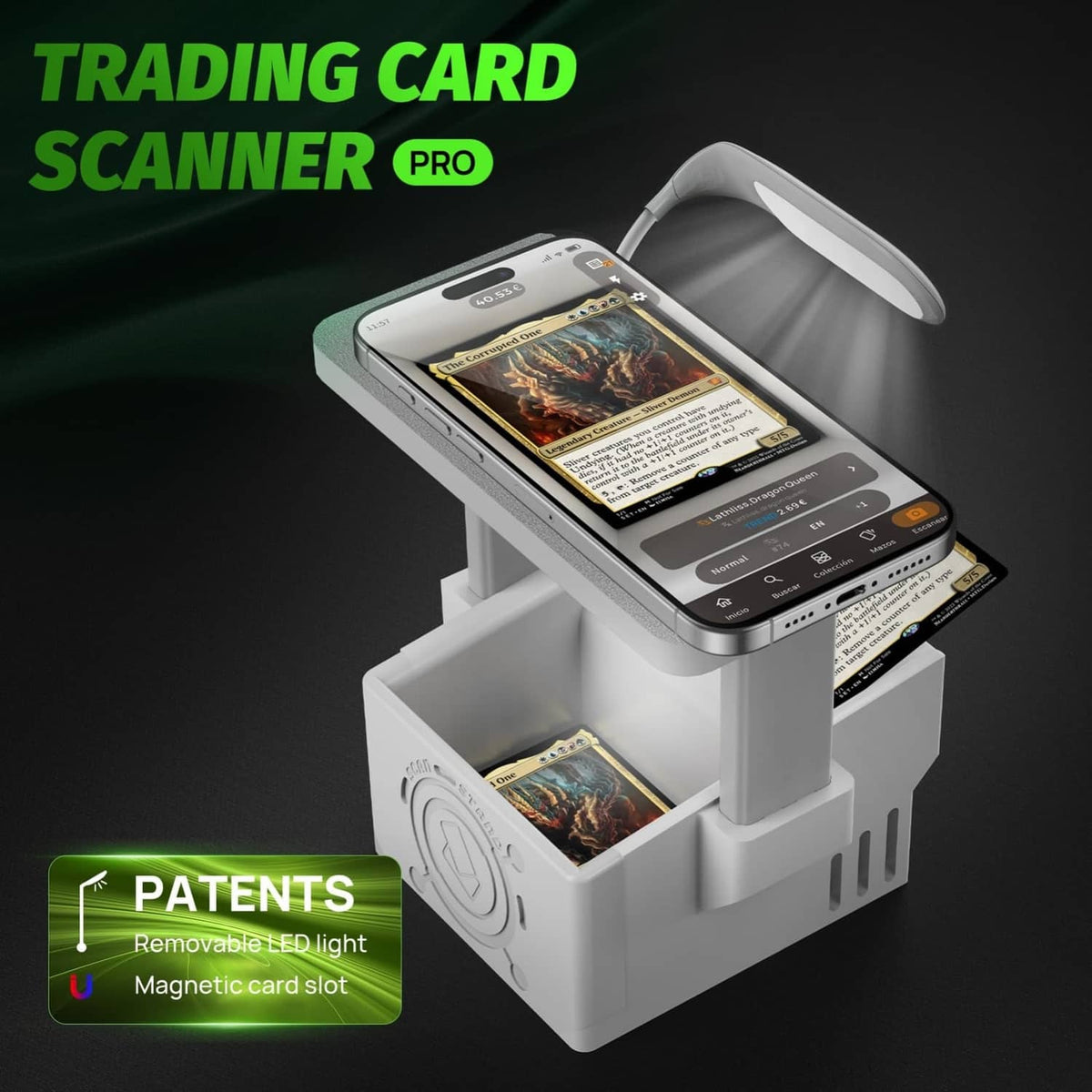 White MTG card scanner stand with phone cradle and built-in LED light over card slot