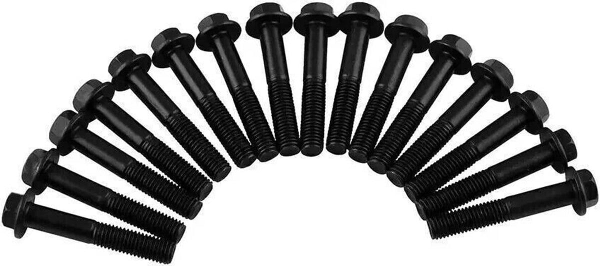Exhaust manifold bolt kit with 16 black threaded bolts arranged in an arc