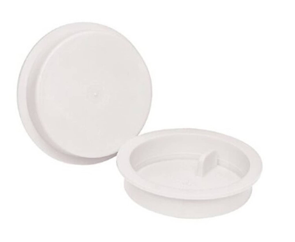 White 3-inch knockout test cap with hinged flip lid, shown closed and open