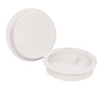White 3-inch knockout test cap with hinged flip lid, shown closed and open