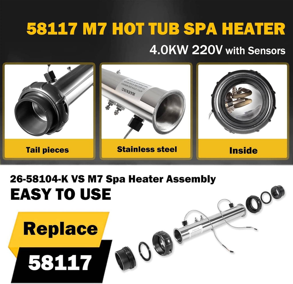 Spa heater assembly with stainless steel housing and black sensor end fittings