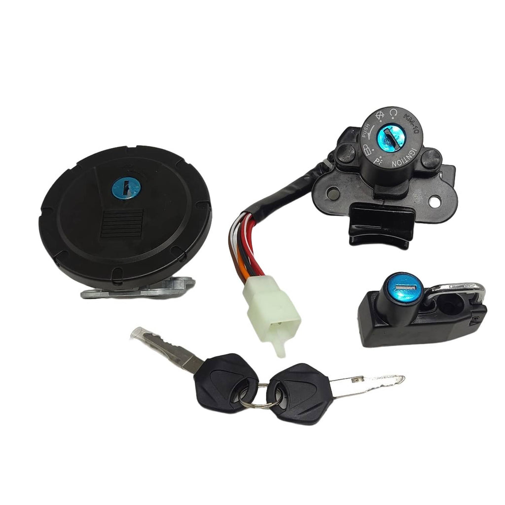 Gas cap lock set with ignition switch, keys, and wiring harness connector