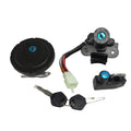 Gas cap lock set with ignition switch, keys, and wiring harness connector