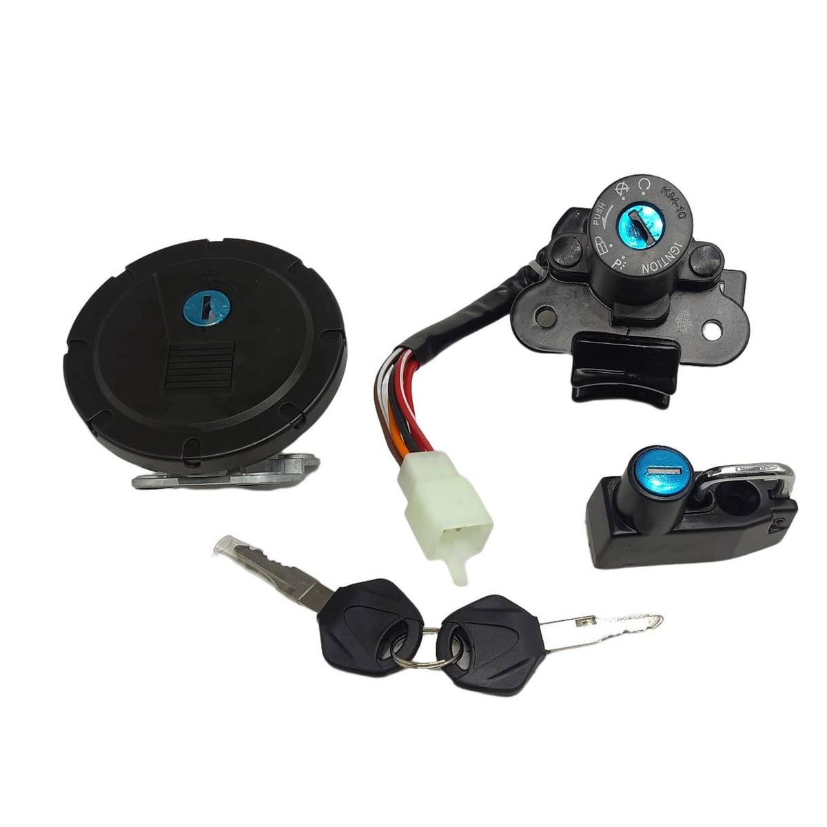 Gas cap lock set with ignition switch, keys, and wiring harness connector