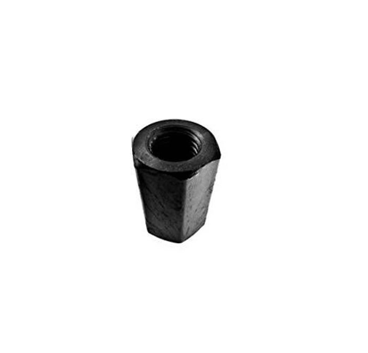 Black steel coupling nut with internal thread, hex-shaped end