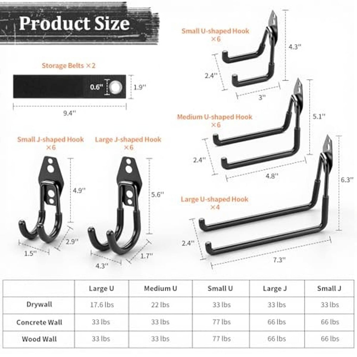 Wall hook size chart showing small, medium, and large U-shaped steel hook designs