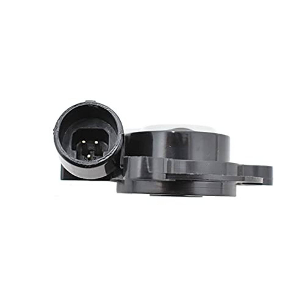 Throttle position sensor with round connector opening and black-and-silver mounting bracket