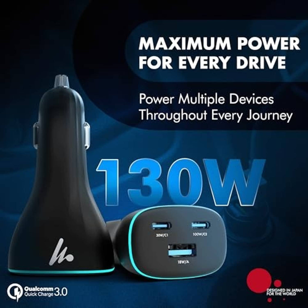 Black car charger with blue LED ring and dual USB ports, compact plug